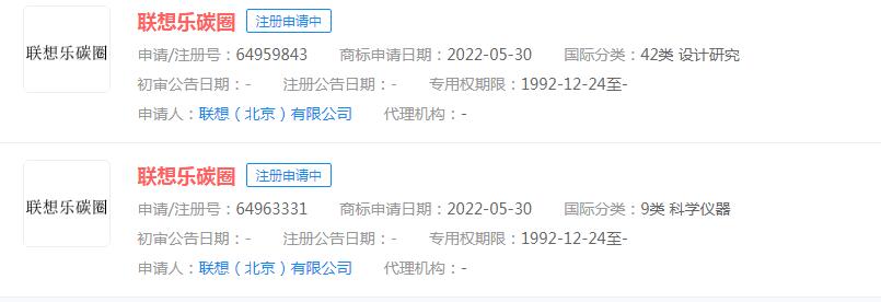 聯(lián)想申請“聯(lián)想樂碳圈”商標，目前狀態(tài)顯示申請中